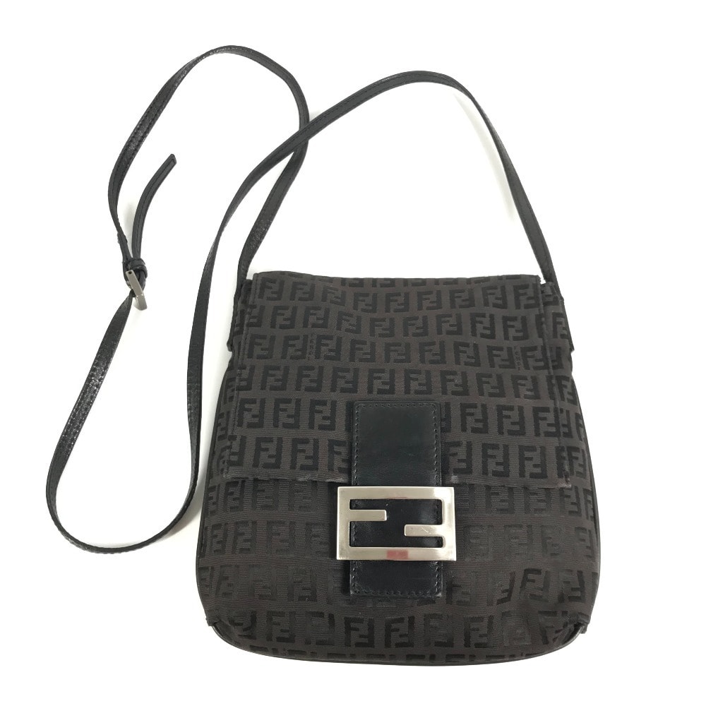 フェンディ FENDI ズッキーノ ロゴ カバン フラップ 斜め掛け ポシェット ショルダーバッグ レザー/キャンバス ブラック