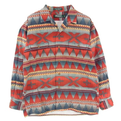 POLO RALPH LAUREN ポロ・ラルフローレン 80s 緑タグ ネイティブ柄 コットン プリント オープンカラー 長袖 シャツ マルチカラー系 L【中古】