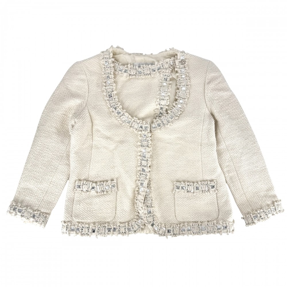 CHANEL シャネル アウター ノーカラージャケット ジャケット アパレル 服 42 アイボリー シルク    レディース【中古品】