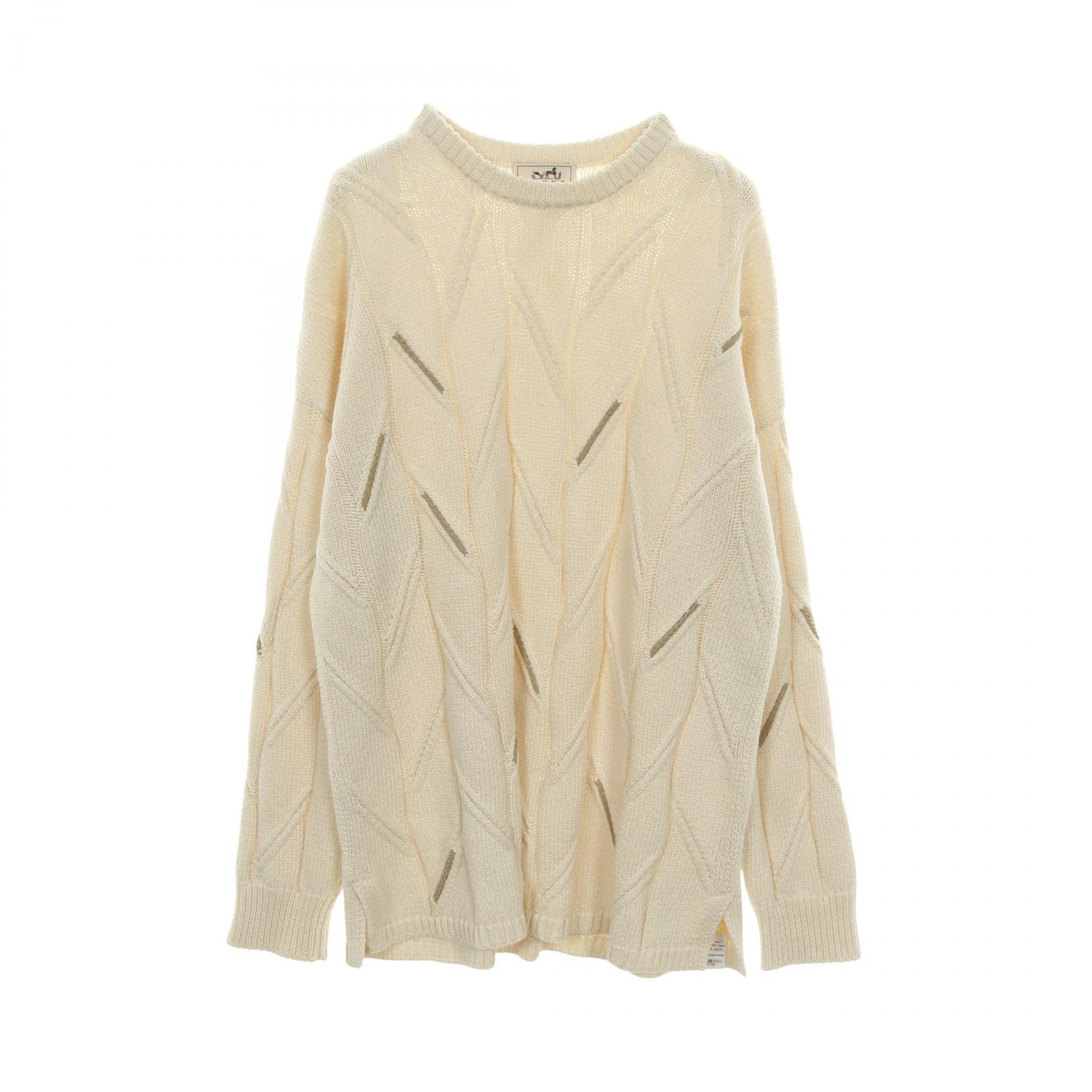 エルメス HERMES ニット 衣料品 トップス コットン カシミヤ レザー ベージュ メンズ アイボリー系 / ベージュ系 【中古】