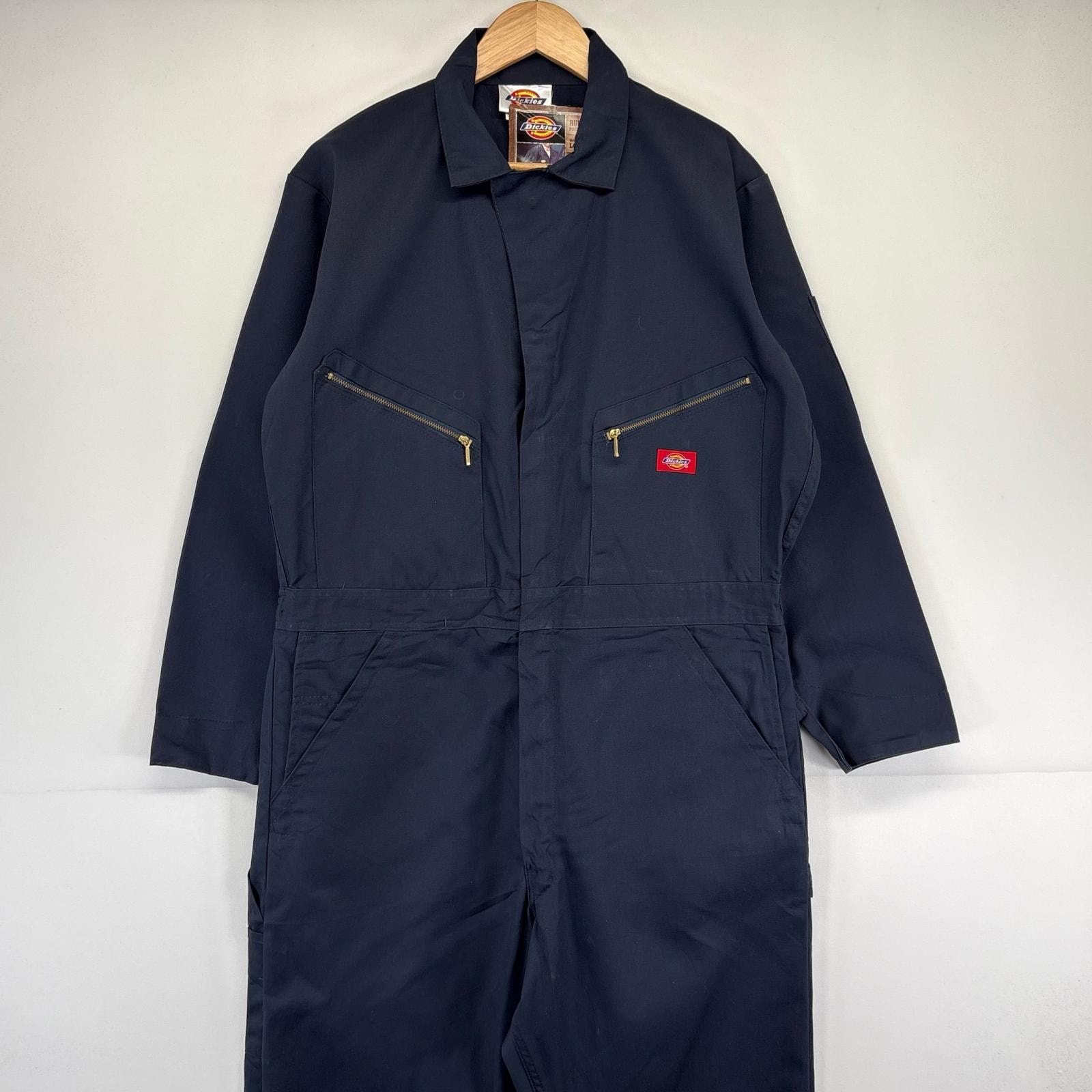 古着 ディッキーズ Dickies 長袖つなぎ デッドストック タグ付き オールインワン ワーク 作業着 ワンポイントロゴ CHEST 44  ネイビー メンズ