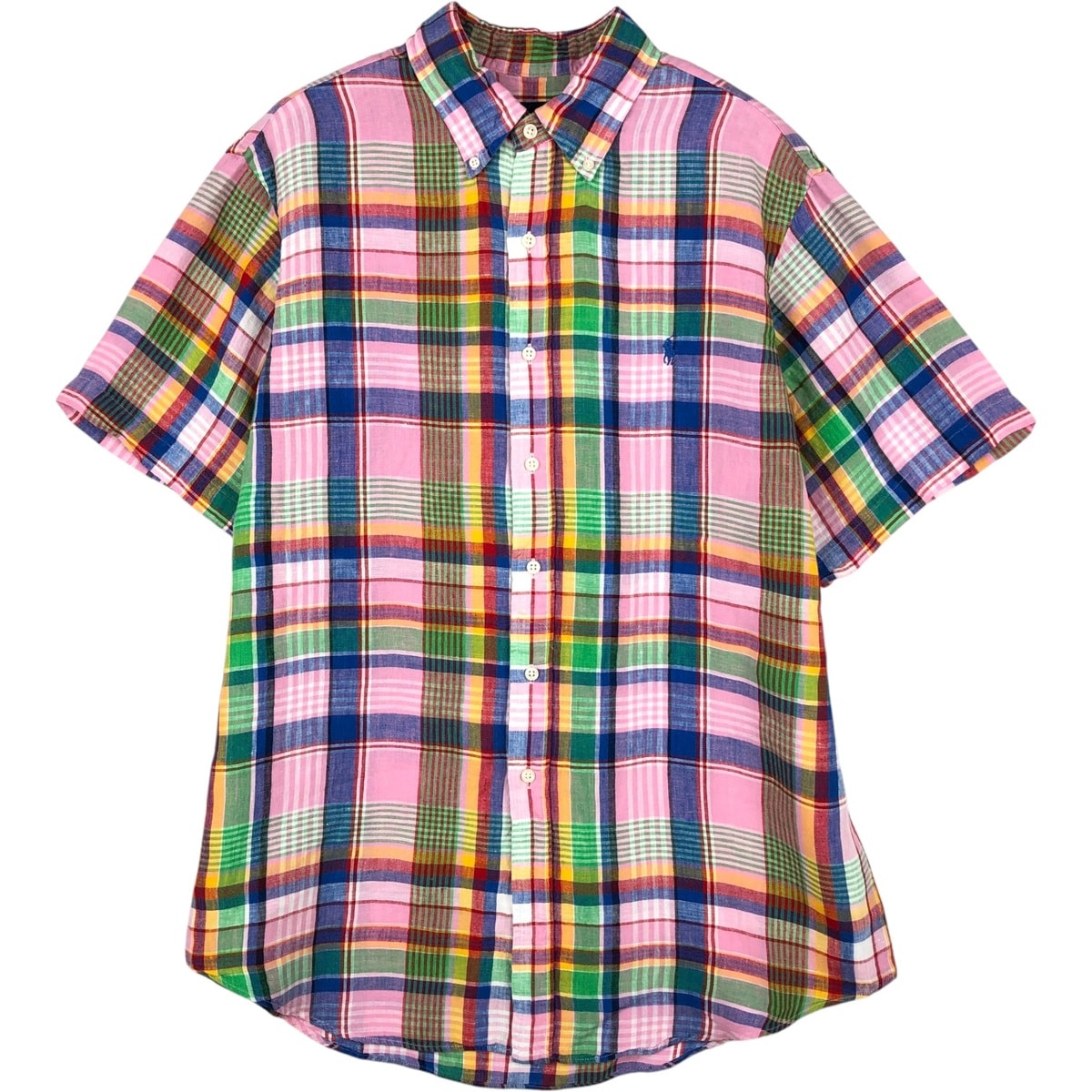古着 ラルフローレン Ralph Lauren チェック柄 半袖 リネン ボタンダウンシャツ メンズL相当/eaa655314