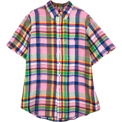 古着 ラルフローレン Ralph Lauren チェック柄 半袖 リネン ボタンダウンシャツ メンズL相当/eaa655314