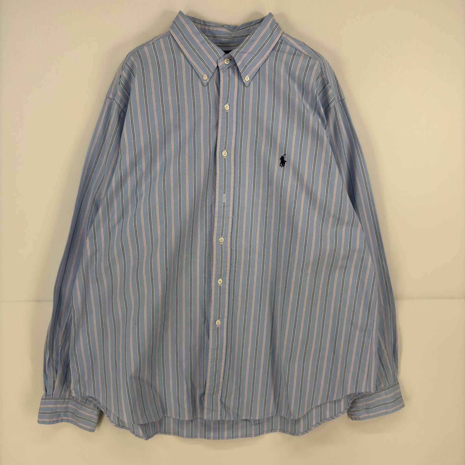古着 ラルフローレン RALPH LAUREN 長袖シャツ ボタンダウン ワンポイント ロゴ 大きいサイズ 2XL  水色 ストライプ メンズ