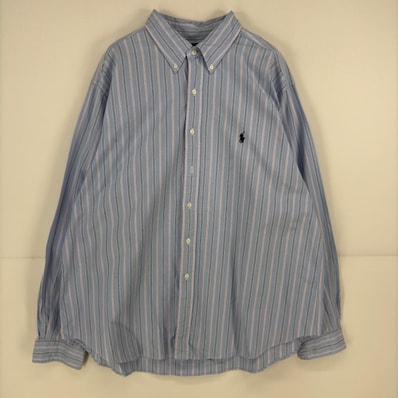 古着 ラルフローレン RALPH LAUREN 長袖シャツ ボタンダウン ワンポイント ロゴ 大きいサイズ 2XL 水色 ストライプ メンズ