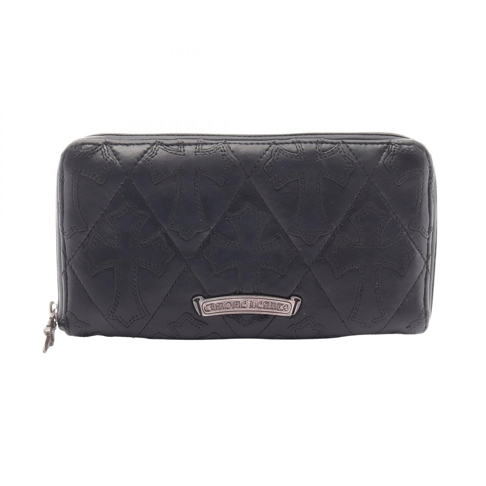 クロムハーツ CHROME HEARTS セメタリークロスパッチ キルティング ラウンド長財布 財布 レザー メンズ ブラック系 【中古】