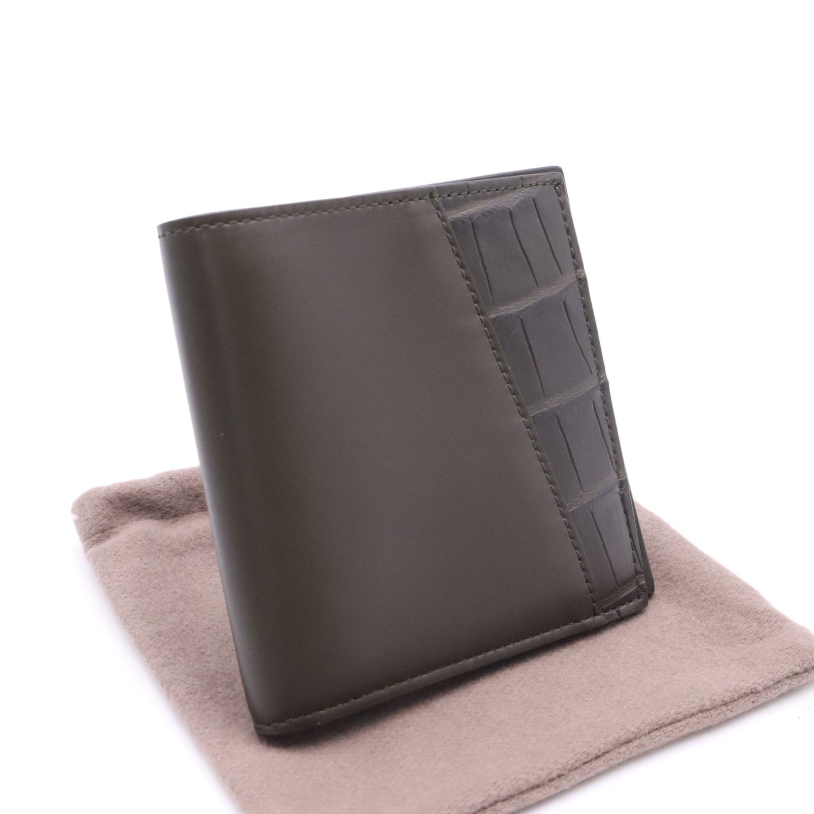 未使用 BOTTEGAVENETA ボッテガヴェネタ クロコ レザー  コンパクト ウォレット 583611 二つ折り財布 カーキグリーン クロコダイル カーフレザー レディース