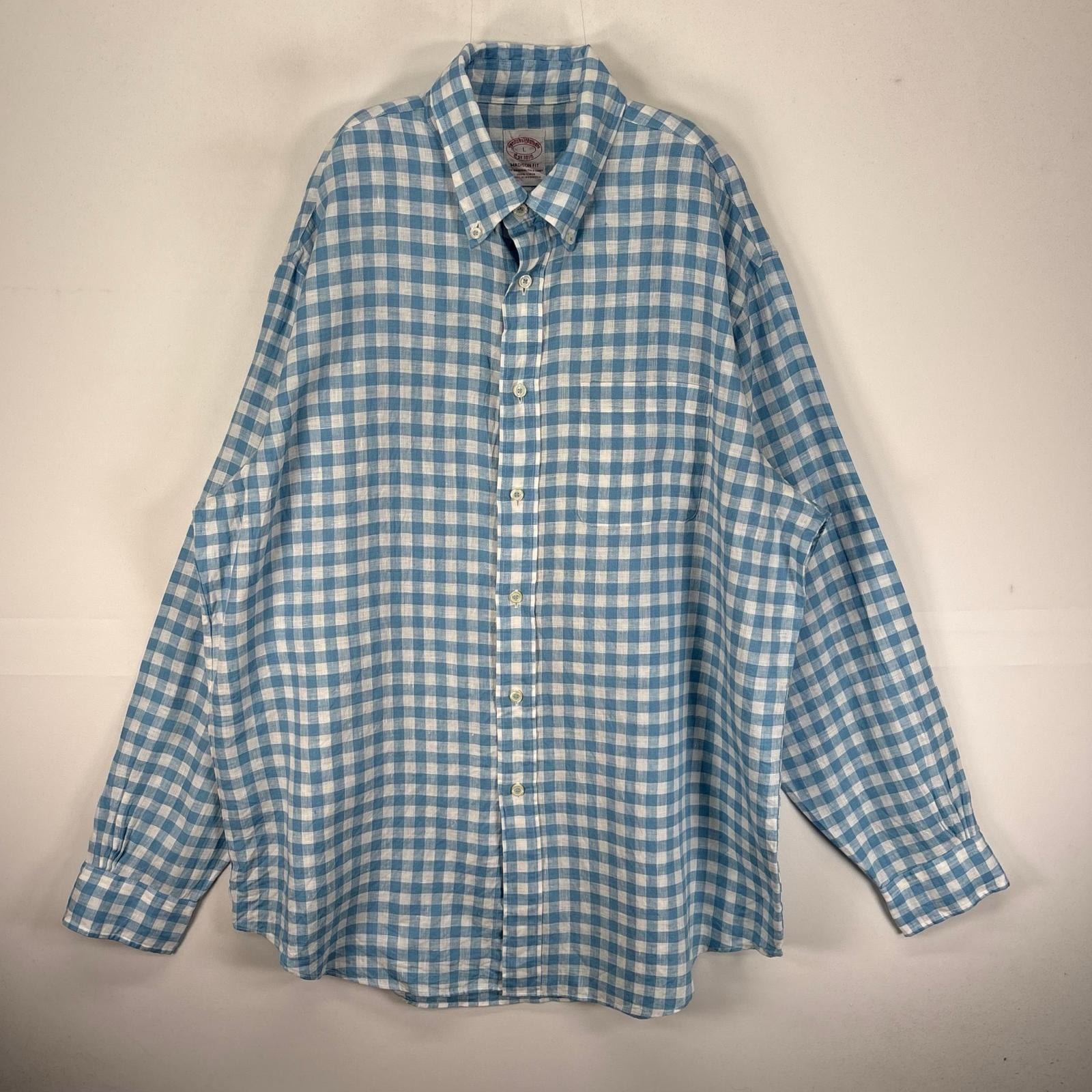 古着 ブルックスブラザーズ Brooks Brothers 長袖シャツ リネン 胸ポケ 1818 L  水色系 チェック メンズ