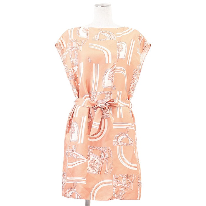 【未使用】HERMES エルメス ワンピース シルク100% 2024年製 En Desordre Finesse 無秩序 フィネス ノースリーブ スクエアネック ベルテッド チュニック ドレス ベルト付属 レディース サイズ 36 ピンクベージュ イタリア製