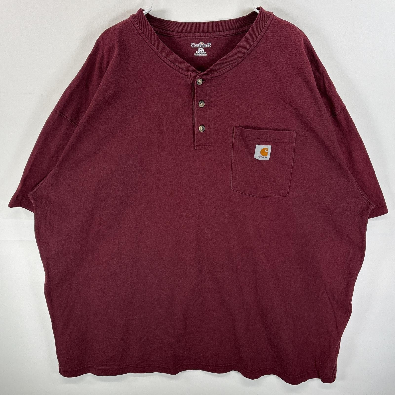 古着 カーハート Carhartt 半袖Tシャツ 肉厚 ヘンリーネック ワンポイント ロゴ 3XL  ワインレッド 無地 メンズ