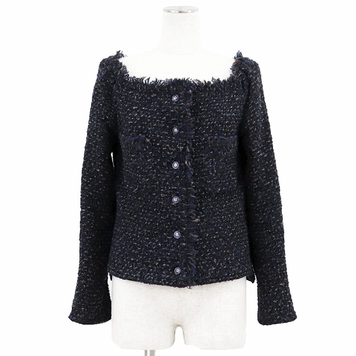 【美品】CHANEL シャネル ヴィンテージ ジャケット ウール x モヘア サイズ 38 レディース 02A P19972 2002AW ロゴ ボタン アウター ネイビー 紺 フランス製 カール・ラガーフェルド期