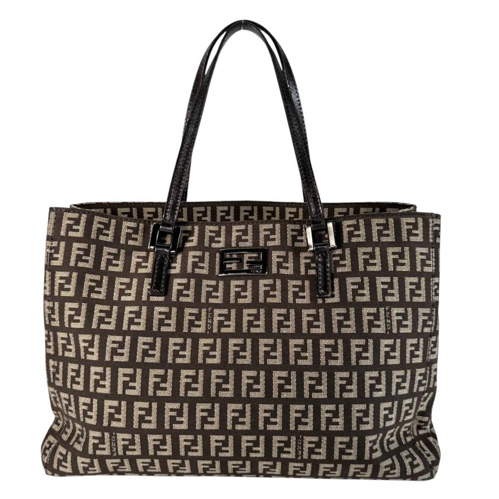 FENDI フェンディ ハンドバッグ ズッキーノ トートバッグ 8BH132 キャンバス レザー ブラウン 茶 シルバー金具 レディース【中古品】