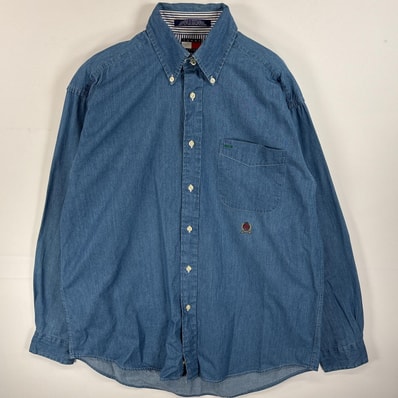 古着 90's/90年代 トミーヒルフィガー TOMMY HILFIGER デニム 長袖シャツ ボタンダウンシャツ ワンポイント ロゴ 刺繍 ドゥエボットーニ M ブルー系 無地 メンズ