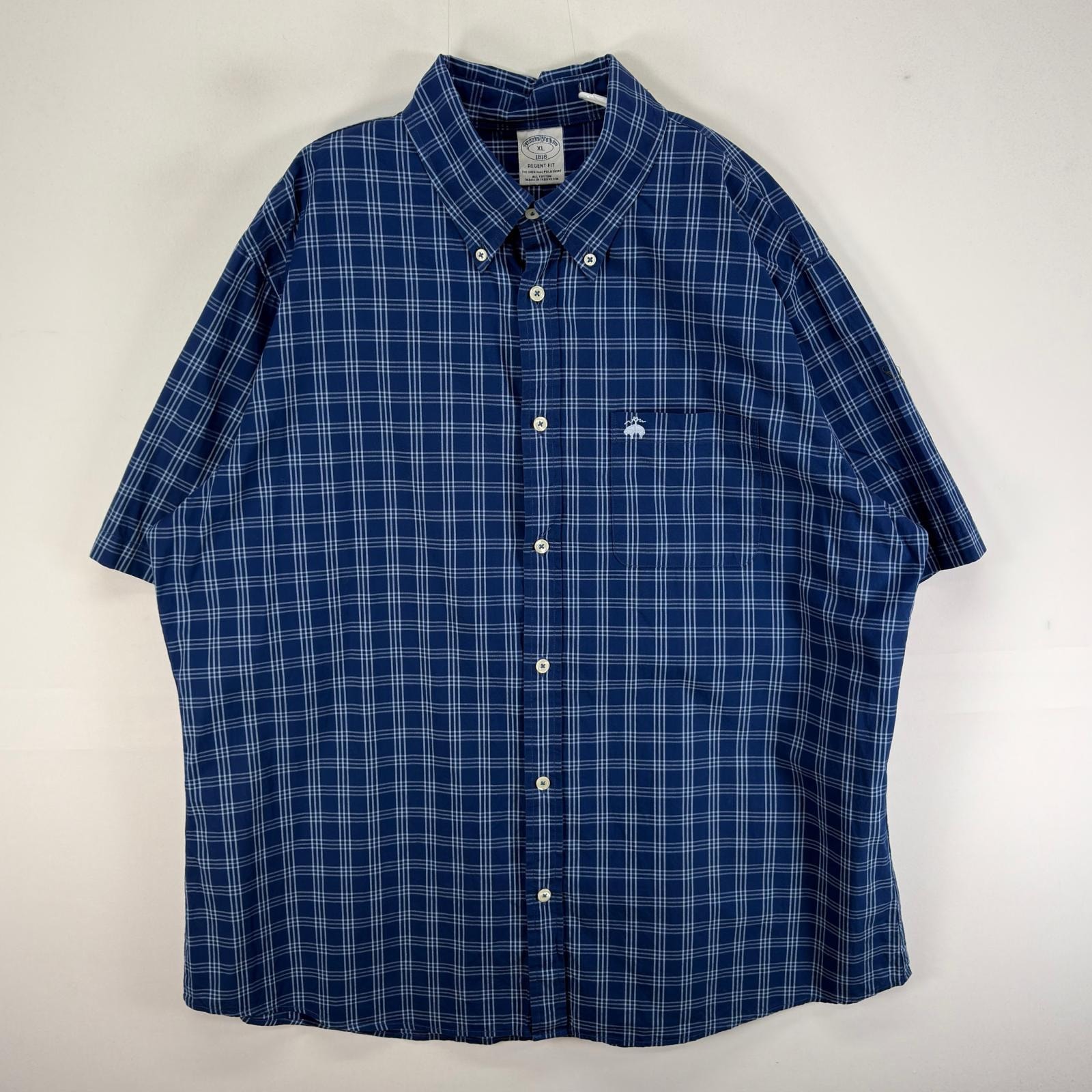 古着 ブルックスブラザーズ Brooks Brothers 半袖シャツ ロゴ 刺繍 REGENT 胸ポケ XL  ブルー系 チェック メンズ