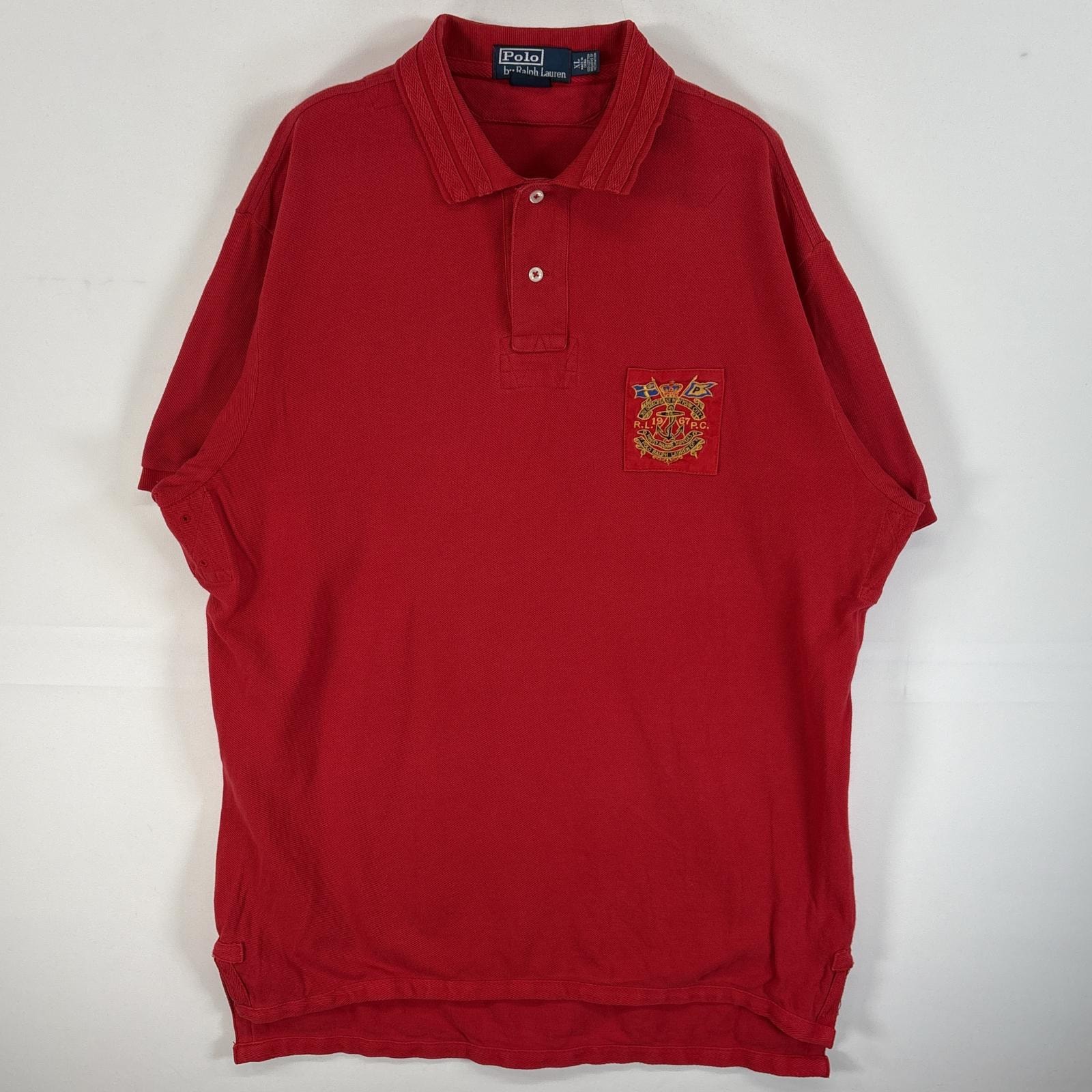 古着 90's/90年代 ポロバイラルフローレン Polo by Ralph Lauren 鹿の子 半袖 ポロシャツ ワッペン 2ボタン XL  レッド 無地 メンズ