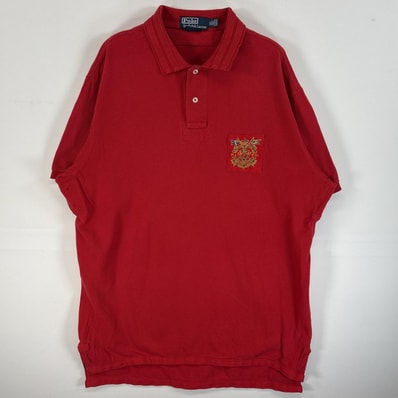 古着 90's/90年代 ポロバイラルフローレン Polo by Ralph Lauren 鹿の子 半袖 ポロシャツ ワッペン 2ボタン XL レッド 無地 メンズ