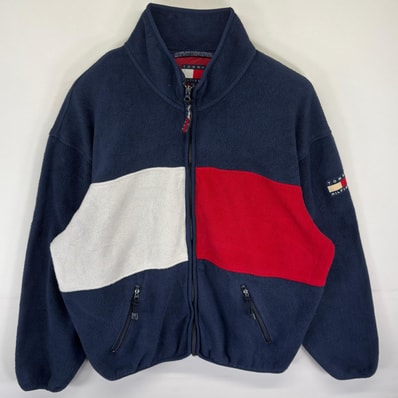 古着 90's/90年代 トミーヒルフィガー TOMMY HILFIGER フリースジャケット フラッグ フルジップ 大きいサイズ 14041 ネイビー メンズ
