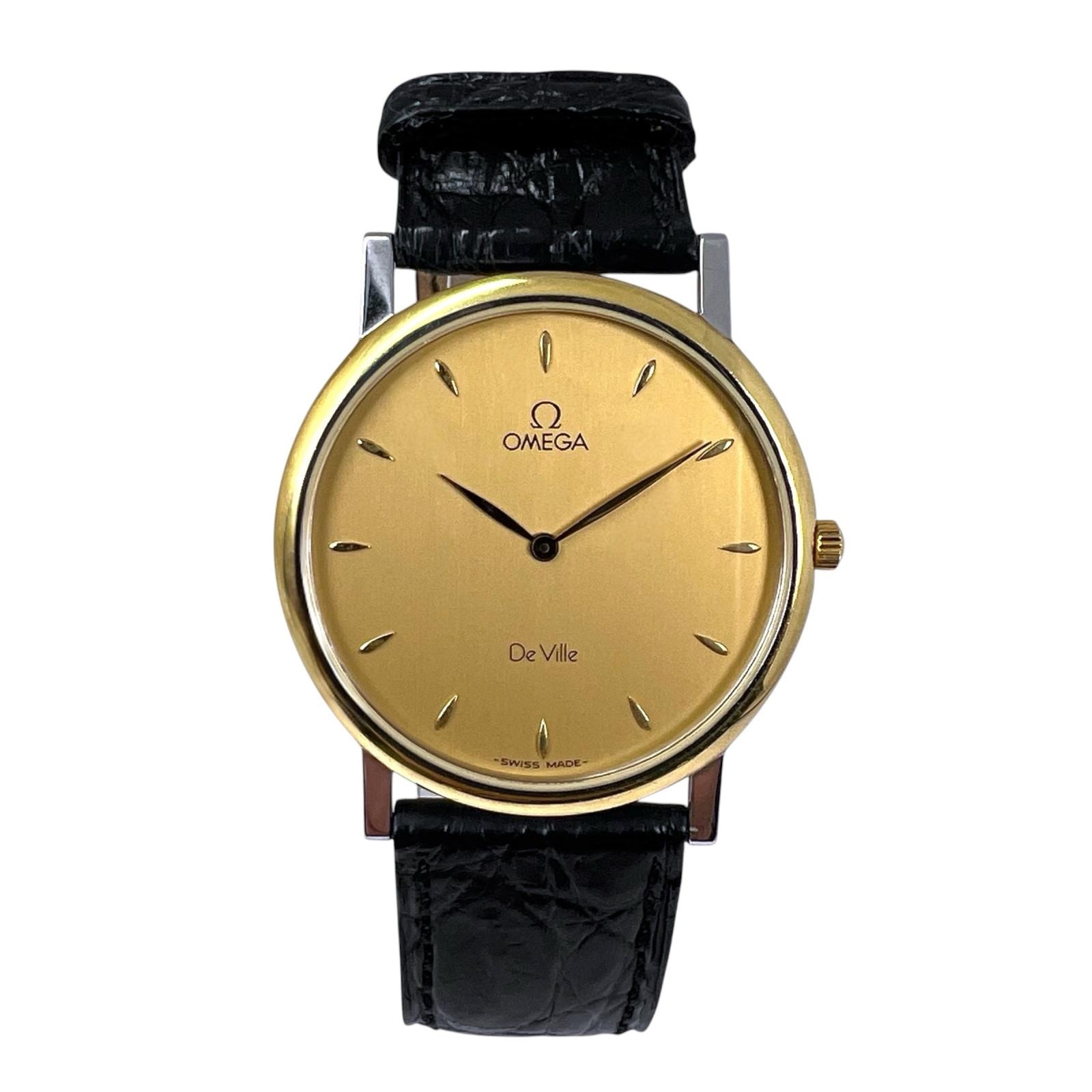 美品 OMEGA オメガ De Ville Ref.195.2378 腕時計 イエローゴールド/レザー ゴールド/シルバー クォーツ ゴールド文字盤 メンズ【中古】