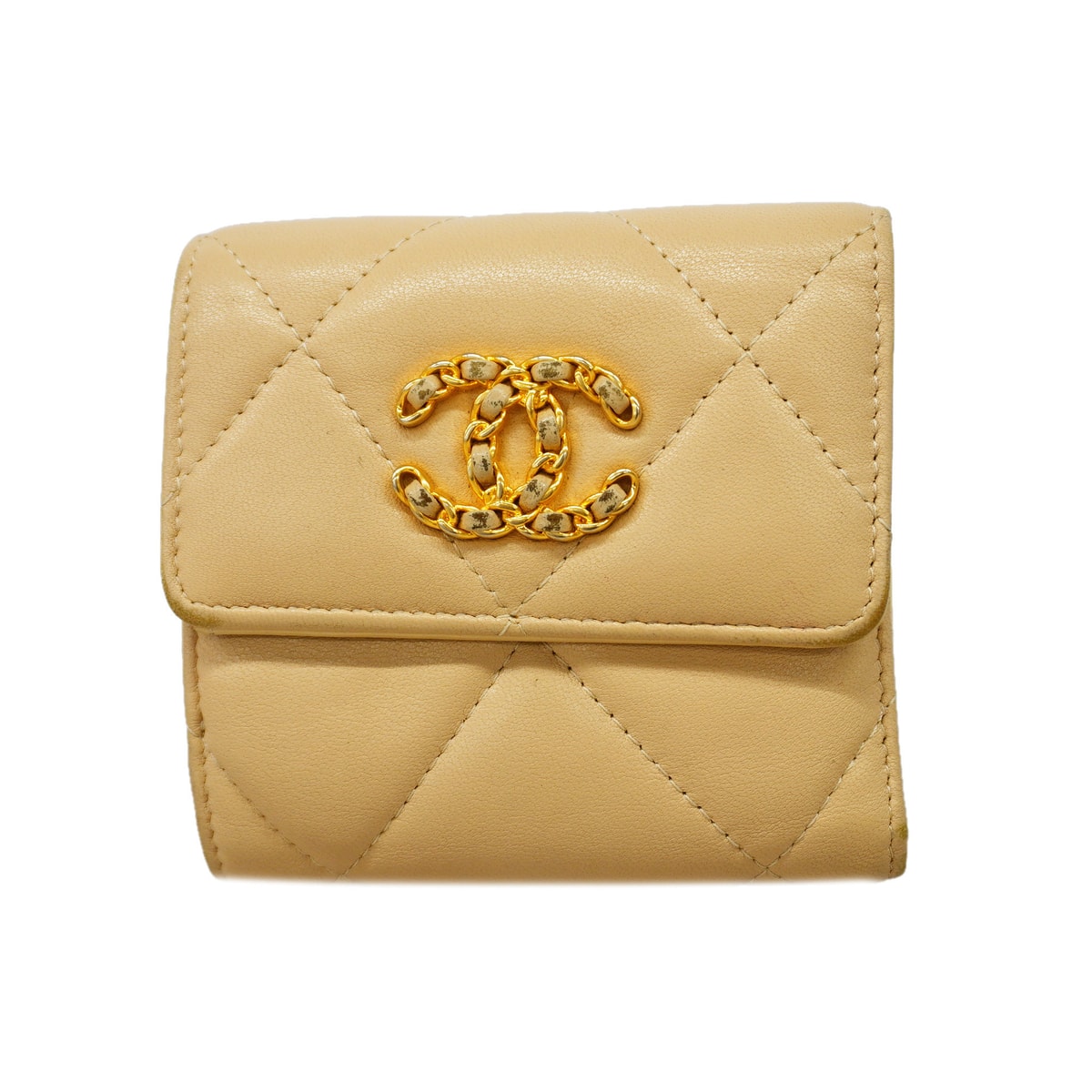 ★SALE【6id6362】シャネル 三つ折り財布 シャネル19 ラムスキン ベージュ ゴールド金具【中古】レディース