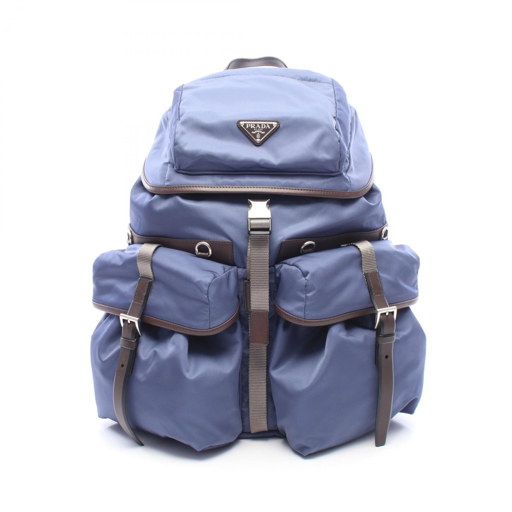 プラダ PRADA TESSUTO + VITELLO リュックサック バックパック バッグ ナイロン レザー メンズ ブルー系 / ブラウン系 【中古】