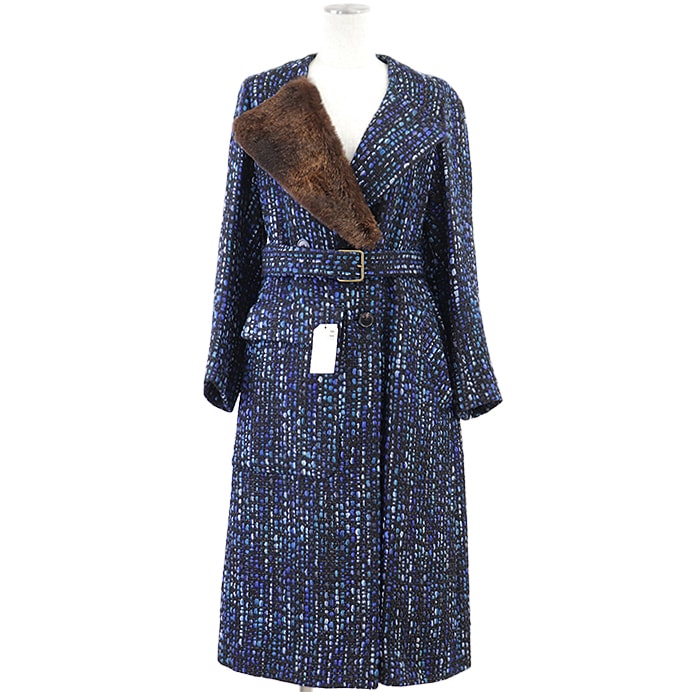 【美品】DRIES VAN NOTEN ドリスヴァンノッテン ベルテッドロングコート ツイード ラビットファー アシンメトリー カラー ウール100% アウター レディース サイズ S ブルー系 青 スロベニア製