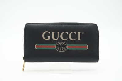 極美品 GUCCI グッチ レザー ヴィンテージロゴプリント ジップアラウンドウォレット 496317 長財布 ブラック レザー メンズ