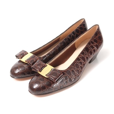 ■美品■Salvatore Ferragamo サルヴァトーレフェラガモ パンプス サイズ5 1/2 C ヴァラリボン クロコ型押し チャンキーヒール レザー 靴 イタリア製 ブランド古着【中古】20250604/RA4883