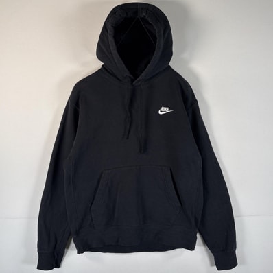 古着 ナイキ NIKE パーカー ワンポイントロゴ刺繍 プルオーバー フーディ マフポケット フード紐 M ブラック メンズ