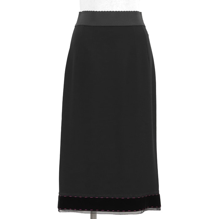 SALE【極美品】DOLCE&GABBANA ドルチェアンドガッバーナ スカート サイズ 42 レディース ベロアトリム ピンクステッチ ウエストバンド バックスリット ボトムス ブラック 黒 イタリア製