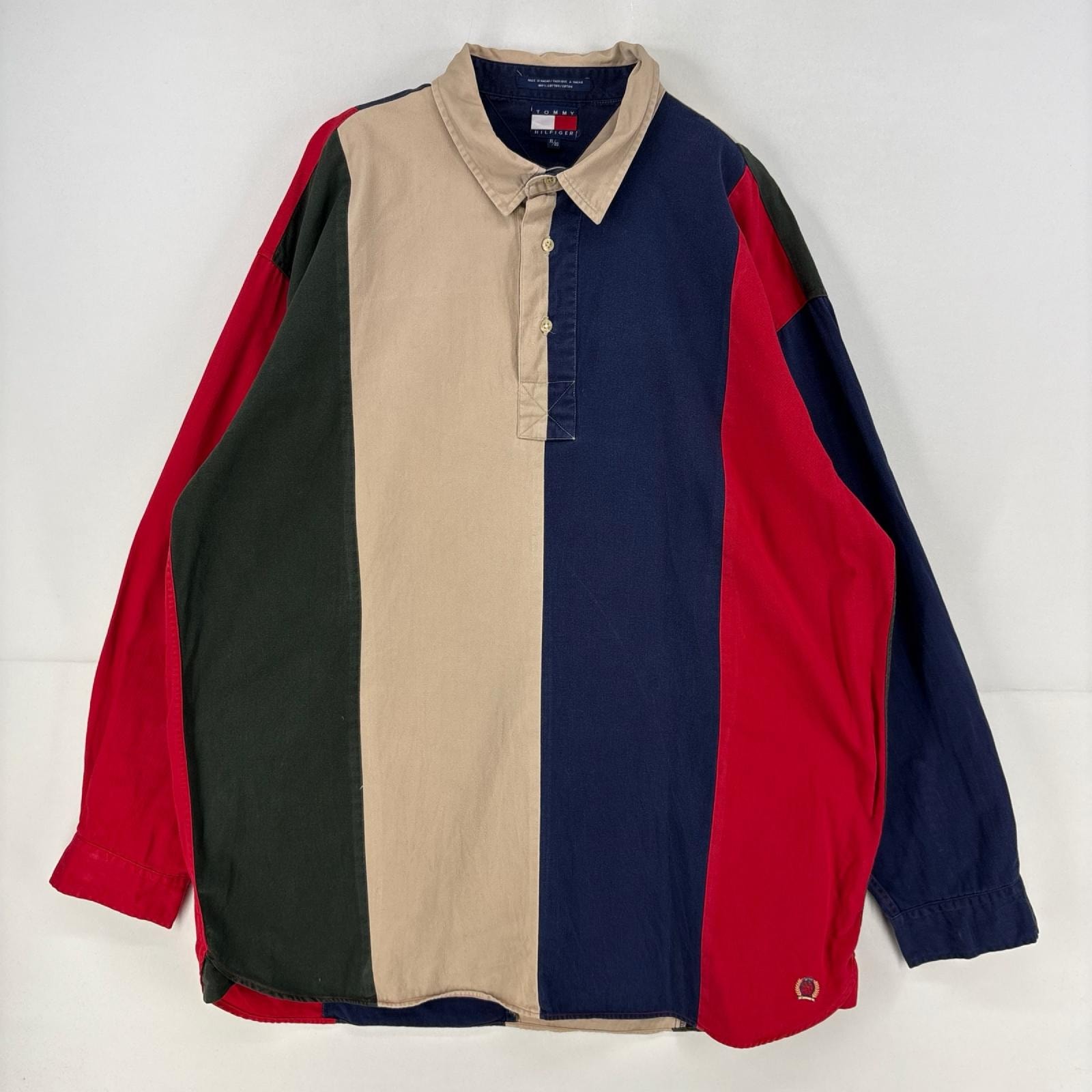 古着 90's/90年代 トミーヒルフィガー TOMMY HILFIGER 長袖シャツ 刺繍 マルチカラー プルオーバー ハーフボタン XL ネイビー系 メンズ