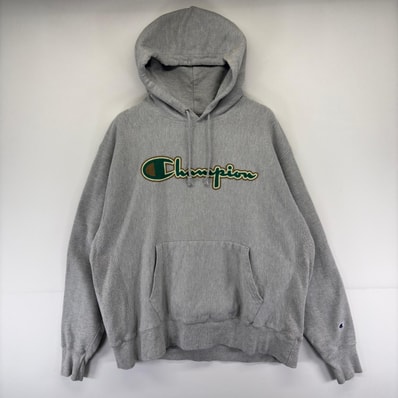 古着 チャンピオン Champion パーカー リバースウィーブ ビッグロゴ 大きいサイズ ワッペン スウェット XL グレー系 メンズ