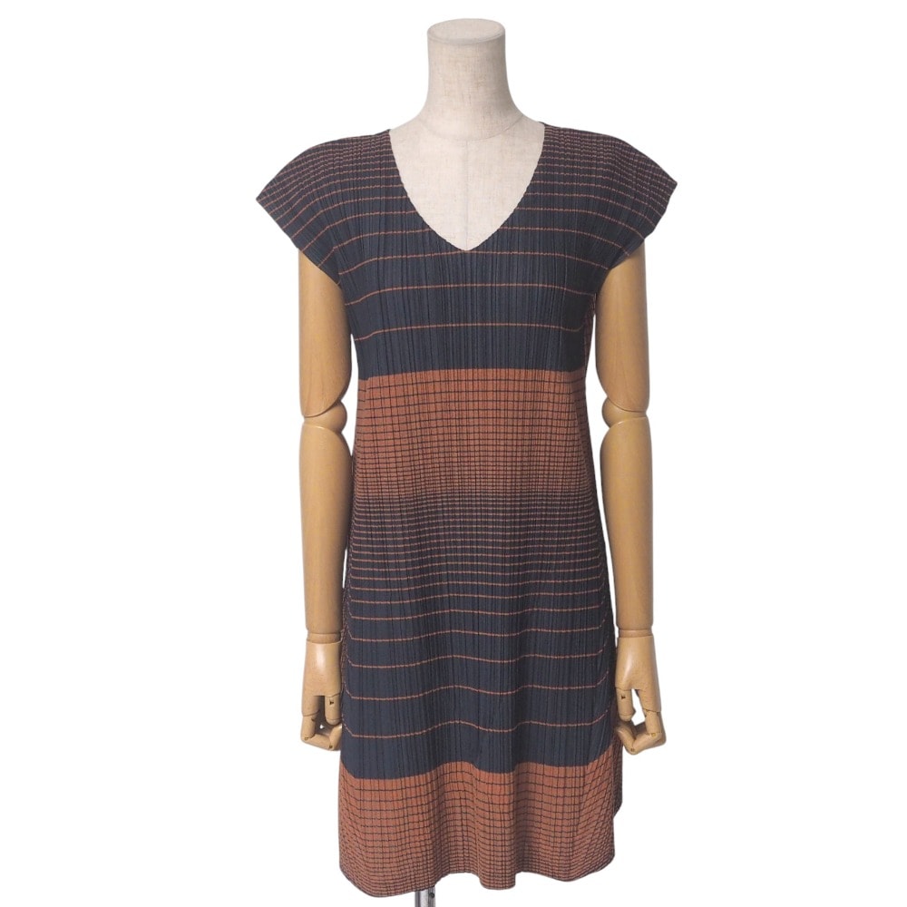 PLEATS PLEASE ISSEY MIYAKE プリーツプリーズ イッセイミヤケ ワンピース サイズ3 プリーツ Vネック プルオーバー ボーダー【おすすめ】 ブランド古着【中古】20250513/RA4782