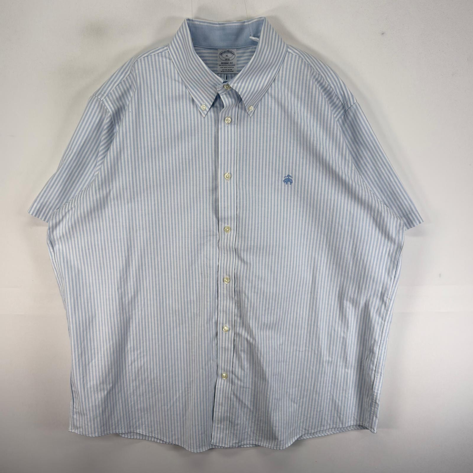 古着 ブルックスブラザーズ Brooks Brothers 半袖シャツ ロゴ 刺繍 REGENT FIT XL  ブルー系 ストライプ メンズ