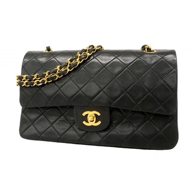 【6dc2542】シャネル ショルダーバッグ マトラッセ Wフラップ Wチェーン ラムスキン ブラック ゴールド金具【中古】レディース