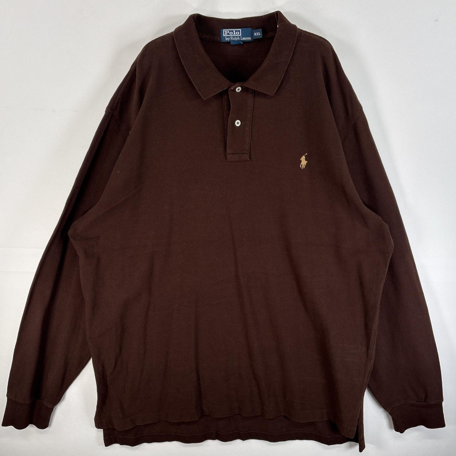 古着 90's/90年代 ポロバイラルフローレン Polo by Ralph Lauren 鹿の子 長袖 ポロシャツ ワンポイント ロゴ 刺繍 大きいサイズ 2ボタン 14041  ブラウン 無地 メンズ