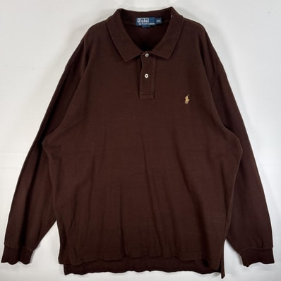 古着 90's/90年代 ポロバイラルフローレン Polo by Ralph Lauren 鹿の子 長袖 ポロシャツ ワンポイント ロゴ 刺繍 大きいサイズ 2ボタン 14041 ブラウン 無地 メンズ