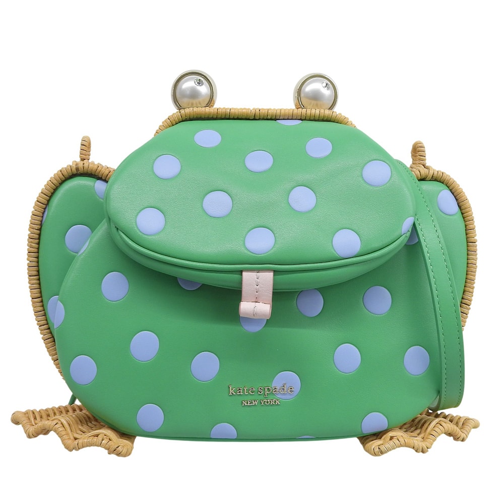 ケイトスペード 美品 リリー ポルカ ドット ウィッカー フロッグ クロスボディバッグ レディース グリーン×ベージュ KF828