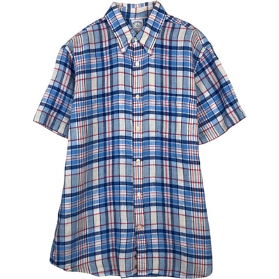 古着 ブルックスブラザーズ Brooks Brothers 1818 REGENT FIT チェック柄 半袖 リネン ボタンダウンシャツ メンズM相当/eaa641621