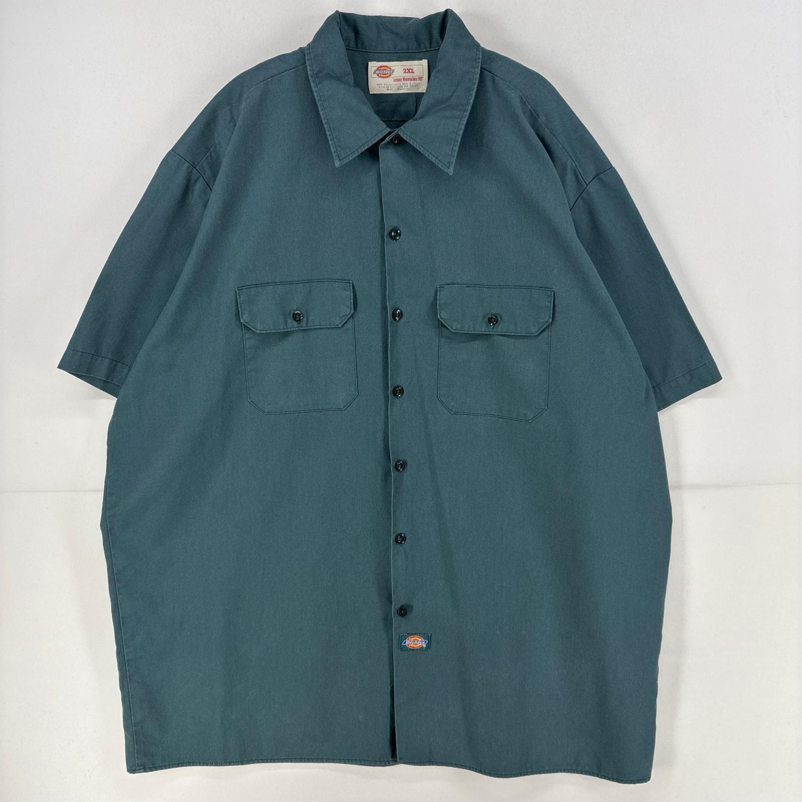 古着 ディッキーズ Dickies 半袖シャツ ワーク ワンポイント ロゴ 大きいサイズ 作業着 2XL  グリーン メンズ