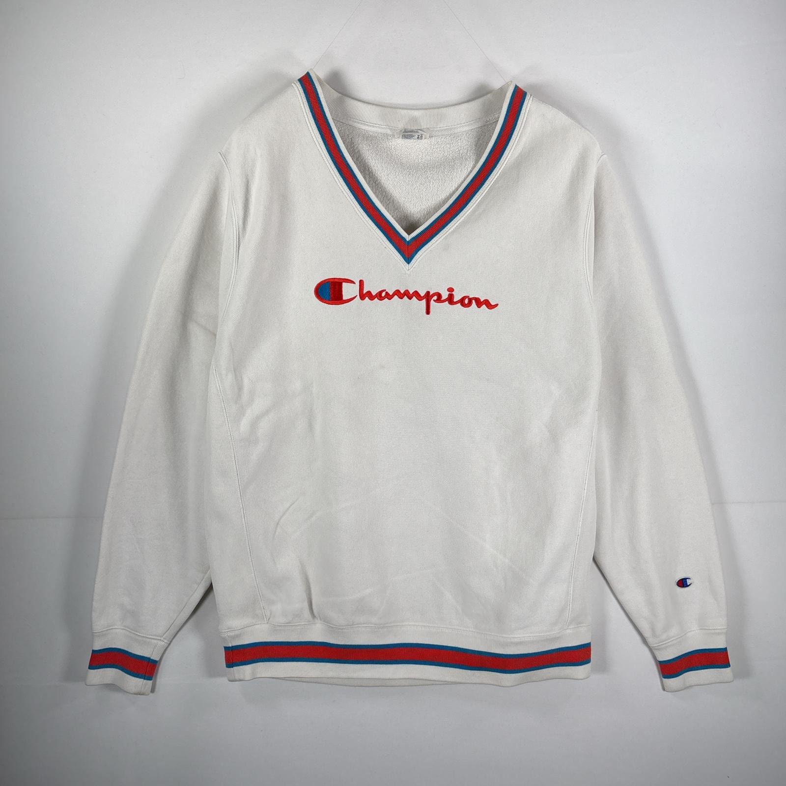 古着 チャンピオン Champion スウェット リバースウィーブタイプ HERITAGE Vネック 刺繍ロゴ Large  ホワイト メンズ