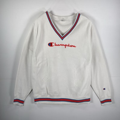 古着 チャンピオン Champion スウェット リバースウィーブタイプ HERITAGE Vネック 刺繍ロゴ Large ホワイト メンズ