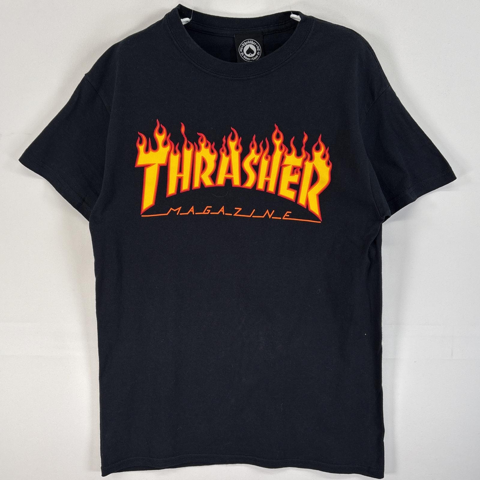 古着 スラッシャー THRASHER 半袖Tシャツ ラバープリント スケボー ファイヤーデザイン S ブラック メンズ
