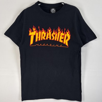 古着 スラッシャー THRASHER 半袖Tシャツ ラバープリント スケボー ファイヤーデザイン S ブラック メンズ