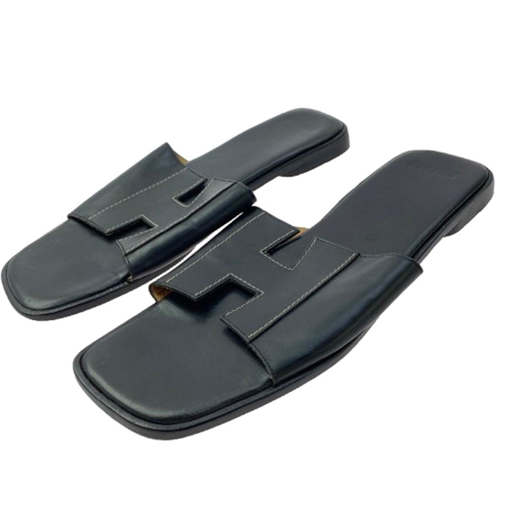 HERMES エルメス サンダル Hロゴ スクエアトゥ レザー サンダル ブラック系 42【中古】