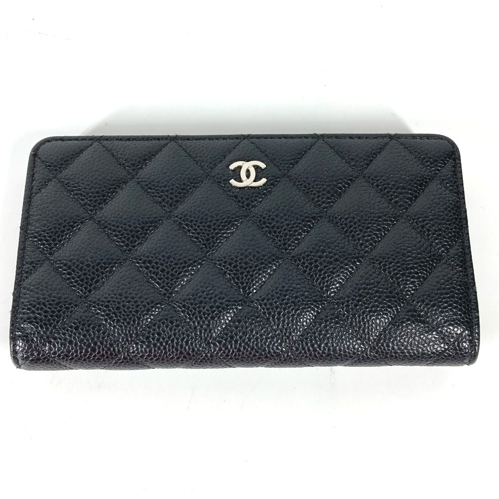 シャネル CHANEL CC ココマーク マトラッセ キルティング ロングウォレット 2つ折り 長財布 キャビアスキン ブラック