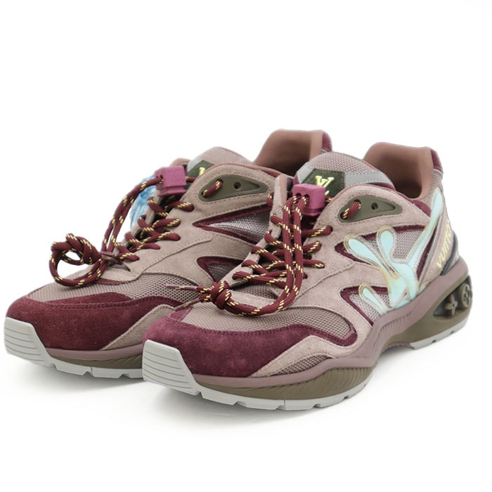 SALE【新品同様】LOUIS VUITTON ルイ・ヴィトン スニーカー 2020年製 メッシュ × スウェード LV ロゴ エンブロイダリー モノグラムフラワー レースアップ ローカット 厚底 ストラップチャーム付 メンズ 6 1/2 ワインレッド