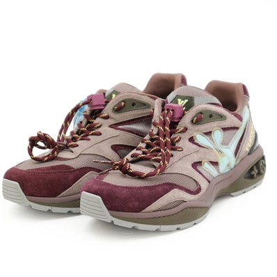 SALE【新品同様】LOUIS VUITTON ルイ・ヴィトン スニーカー 2020年製 メッシュ × スウェード LV ロゴ エンブロイダリー モノグラムフラワー レースアップ ローカット 厚底 ストラップチャーム付 メンズ 6 1/2 ワインレッド