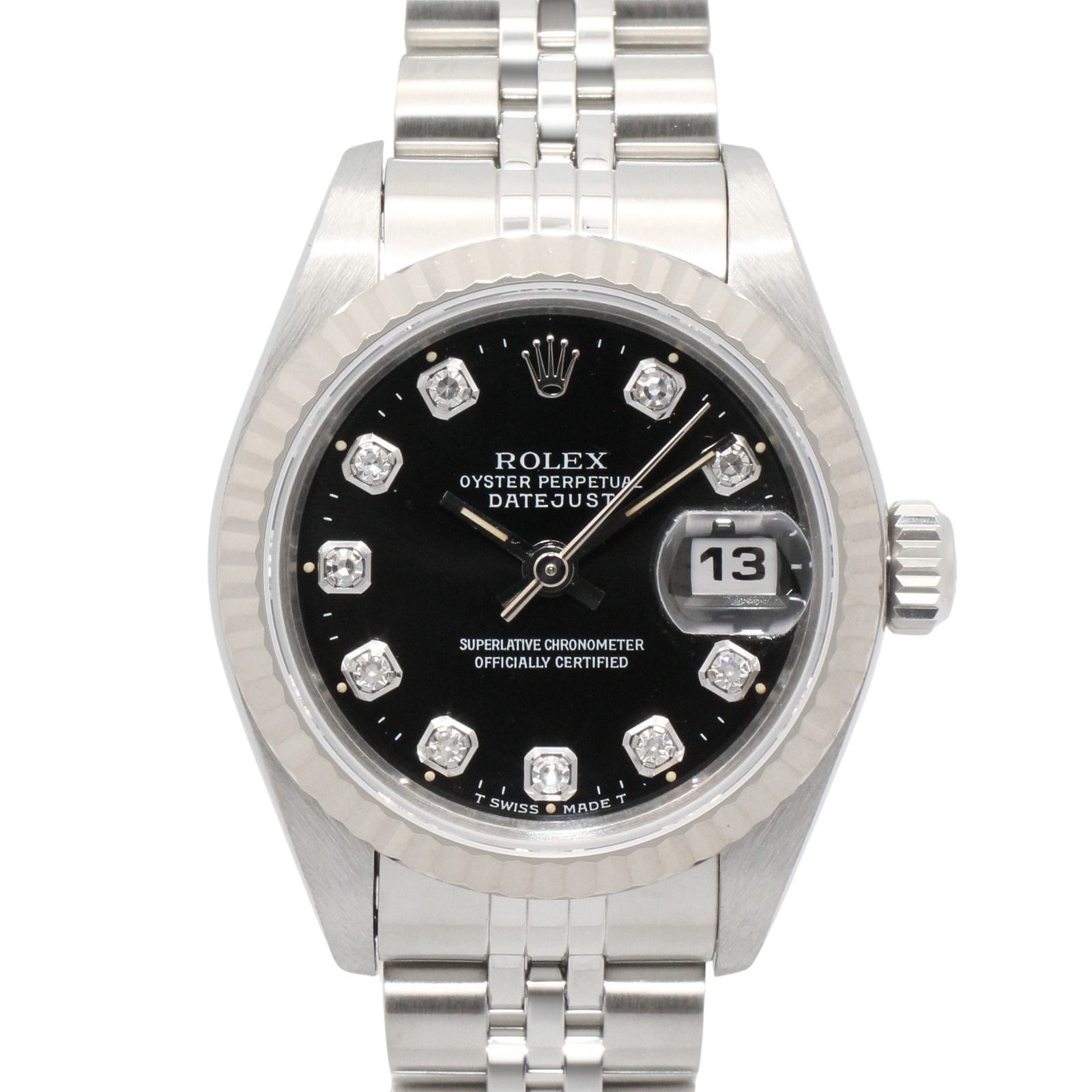 ロレックス ROLEX デイトジャスト W番 腕時計 時計 K18WG(ホワイトゴールド) ステンレススチール ダイヤモンド レディース ブラック系 新ダイヤ 67174G 【中古】