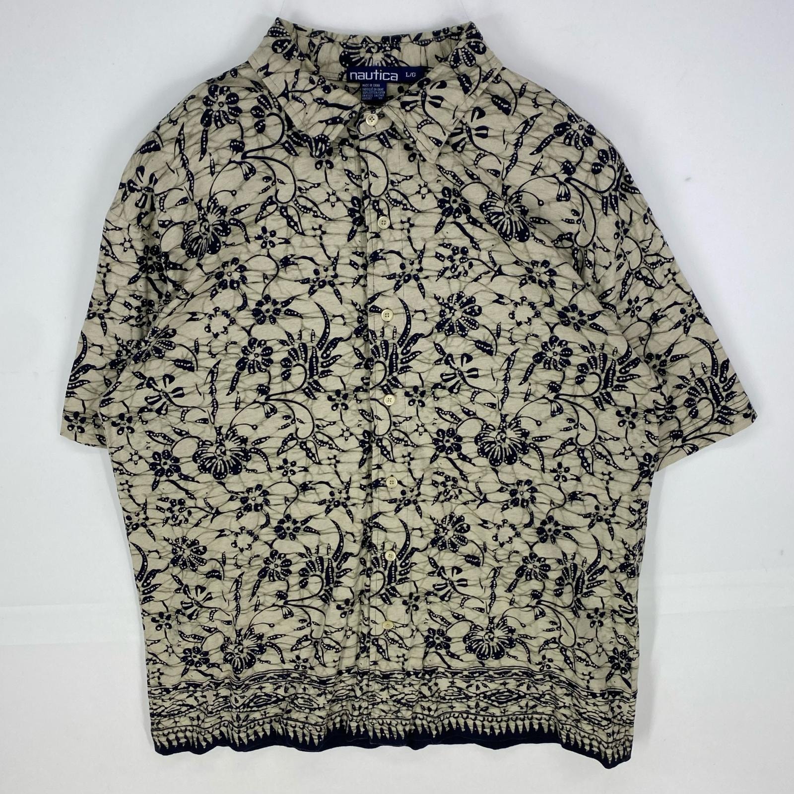 古着 90's/90年代 トミーヒルフィガー TOMMY HILFIGER 長袖シャツ 花柄 アロハ オープンカラー 開襟 L ベージュ系 メンズ