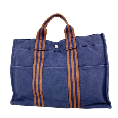 【6id6338】エルメス トートバッグ フールトゥMM キャンバス ネイビー シルバー金具【中古】メンズ レディース ユニセックス